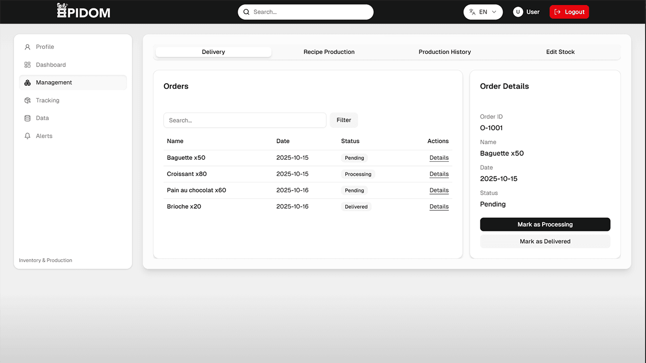 Delivery management interface