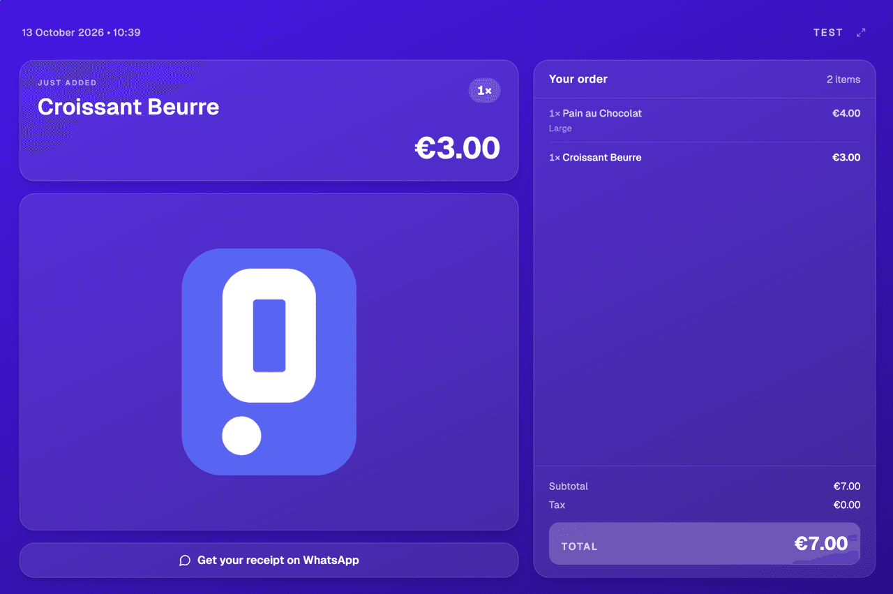 L'écran client : l'article qui vient d'être ajouté (un croissant, 3,00 €), la commande avec son total de 7,00 €, et un bouton pour recevoir le ticket sur WhatsApp.