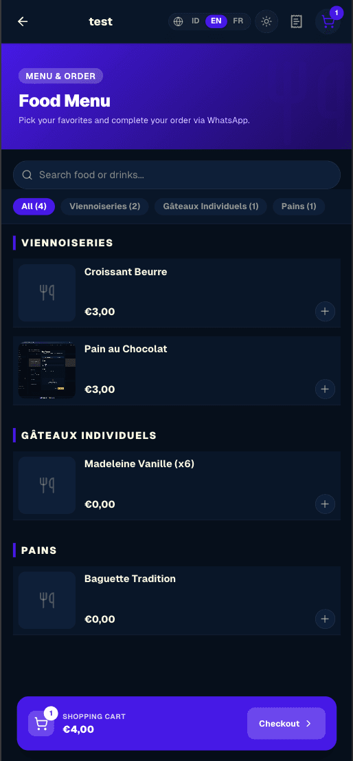 Le menu d'une vitrine sur téléphone : les catégories, les articles avec leur prix et un bouton d'ajout, et le panier en bas.